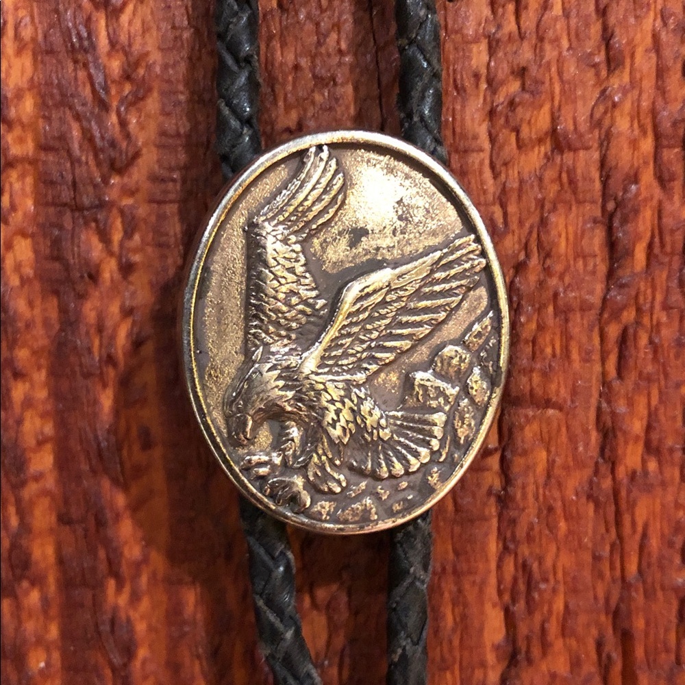 Eagle Bolo Tie / Necklace - Silver Tone Alloy Metal/ Black Braided Leather Tie